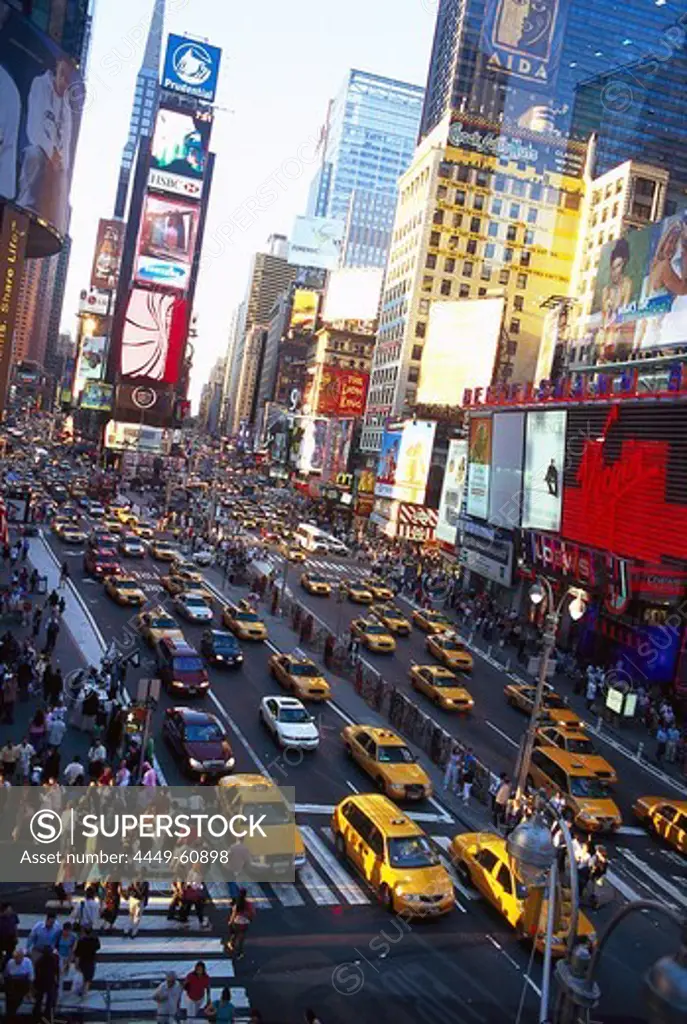 High angle view at cars and people on Times Square, Manhattan, New York, USA, America