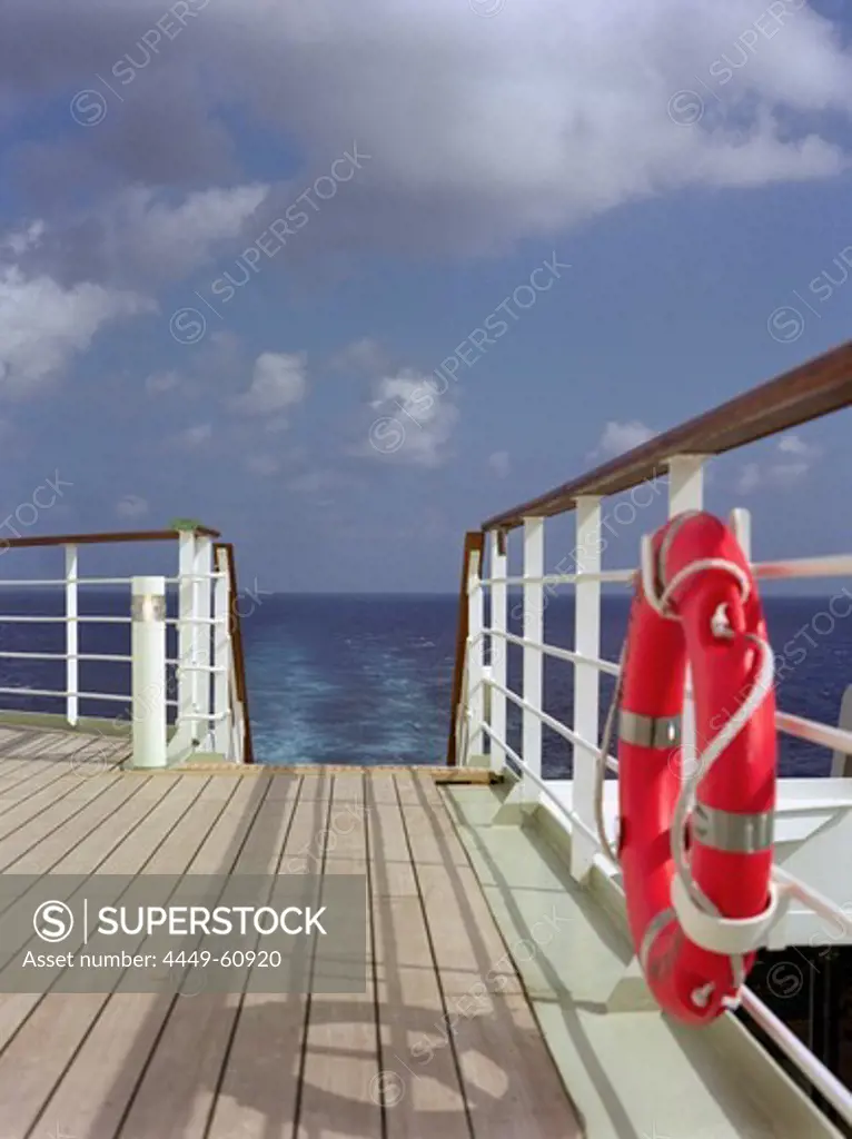Observation deck with life ring and railing, Cruise Ship Queen May II, Luxury Ocean Liner, QM2, Cruise, Travel