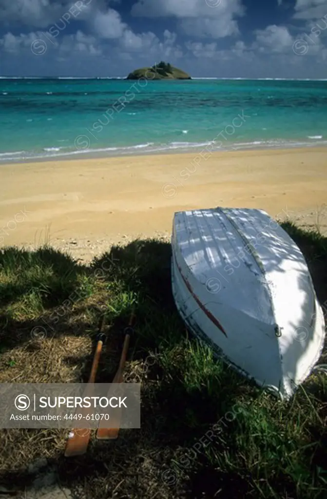 Boat and oars lying at Lagoon Beach, Lord Howe Island, Australia