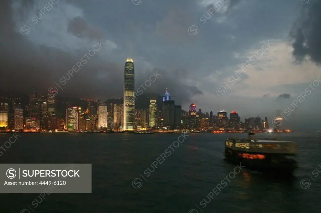 Star Ferry, night skyline of Hong Kong Island, China