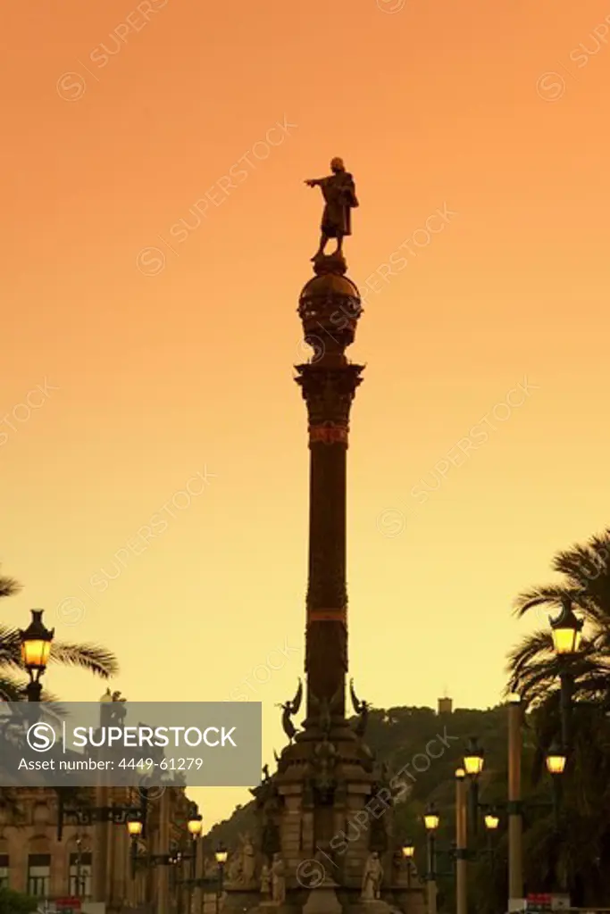 Barcelona, Columbus Monument, Passeig Maritime, sunset