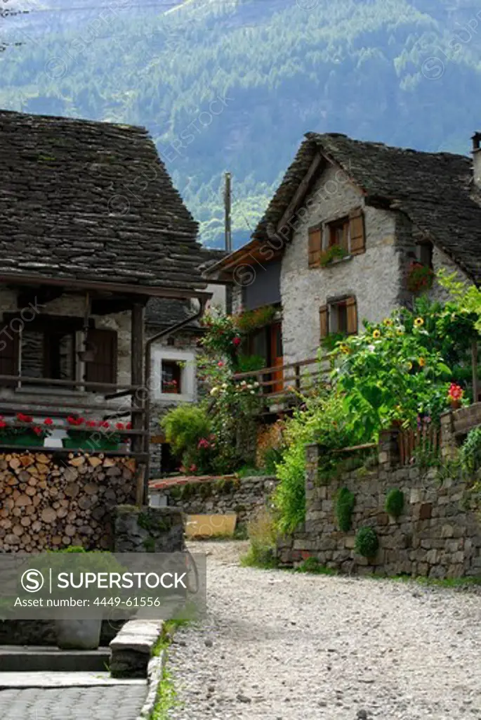 View along village street, Sonogno, Valle Verzasca, Canton of Ticino, Switzerland