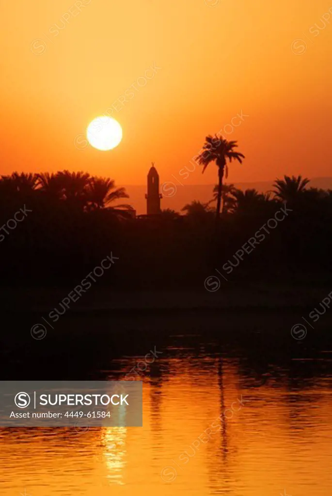 cruise on the Nile, sunset behind minaret and palm trees at western bank, Nile between Luxor and Dendera, Egypt, Africa