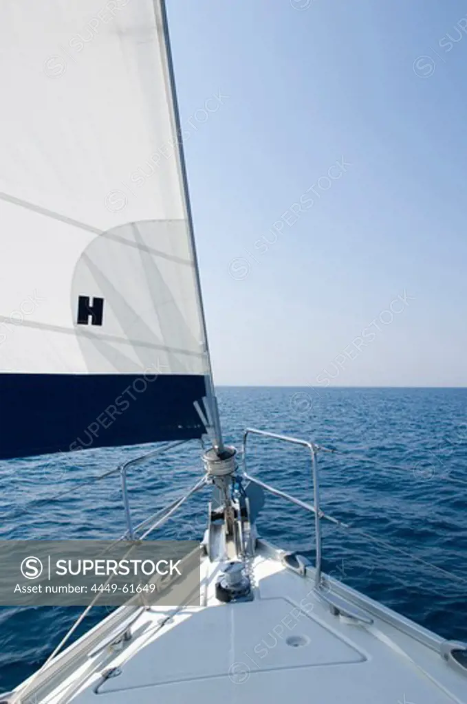 Bow of a sailing boat and sail, yacht, sailing trip, Croatia