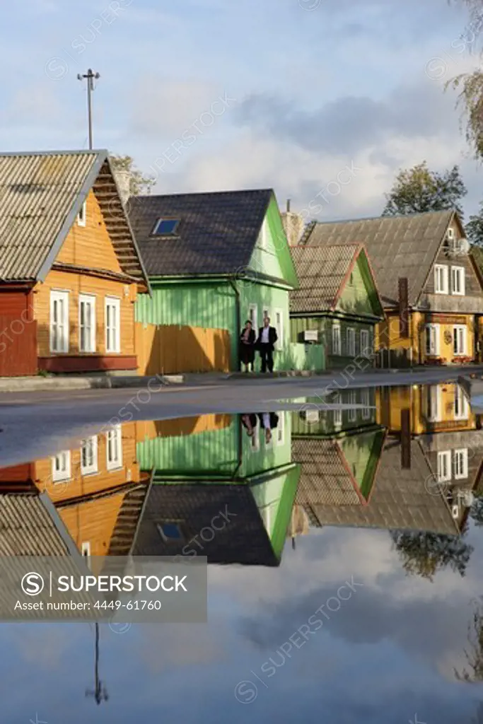 Wooden houses on the main road in the village of Trakai, Lithuania