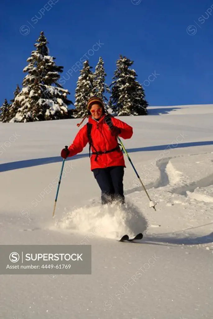 Female skier, downhill skiing in snow-covered mountain scenery, Koppachstein, valley of Balderschwang, Allgaeu range, Allgaeu, Swabia, Bavaria, Germany