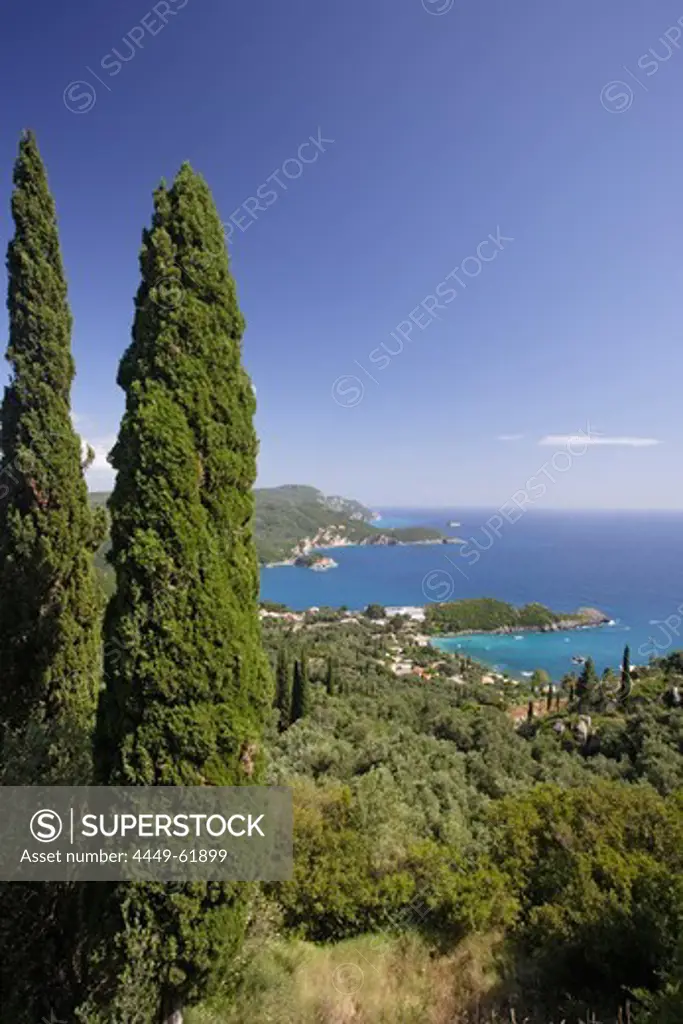 View of the landscape along the coast and the ocean, Paleokastritsa, Corfu, Ionian Islands, Greece