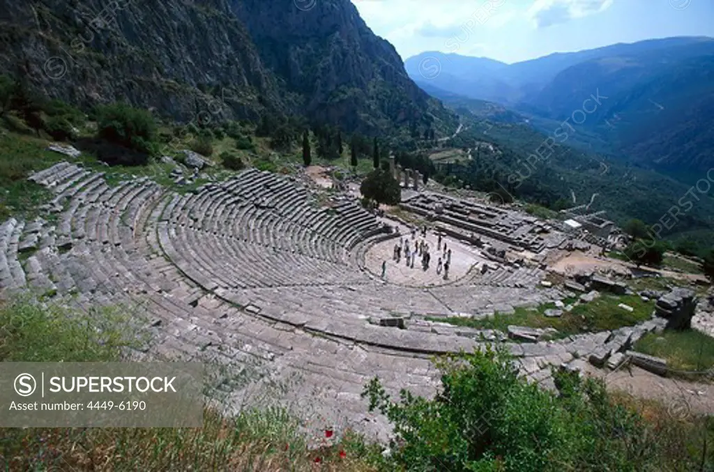 The abcient theatre and Temple of Apollo, Delphi, Peloponnese, Greece