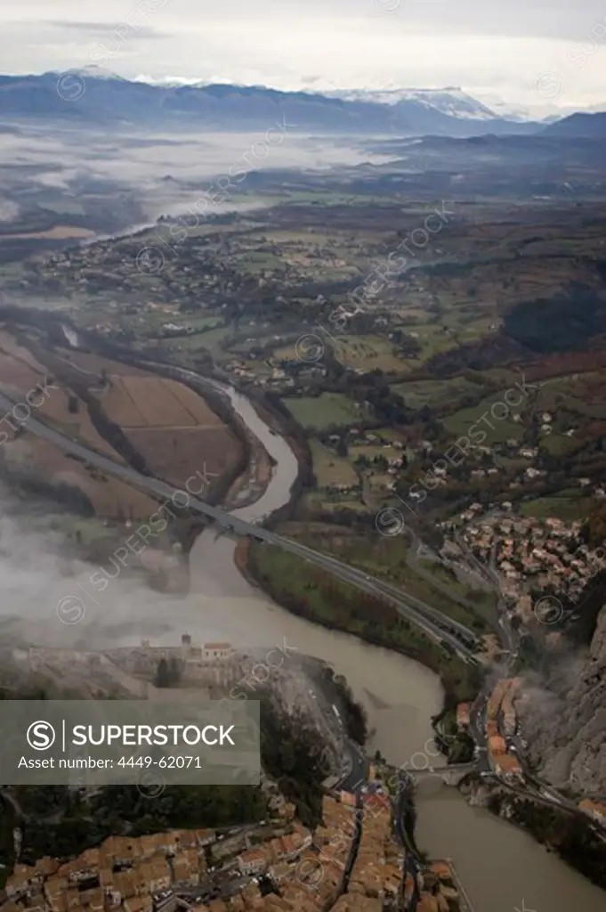 Aerial view of the citadelle of Sisteron and Valley La Durance in winter, South France, Europe