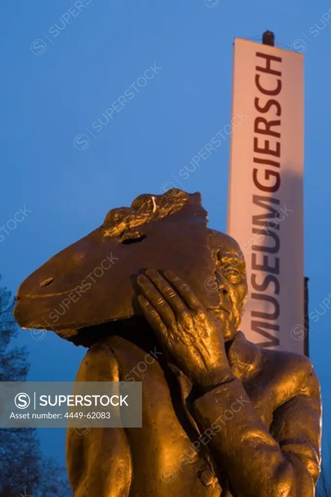 Giersch Museum and Bronze Sculpture worker with mask by Artist Wolfgang Mattheuer, Frankfurt, Hesse, Germany