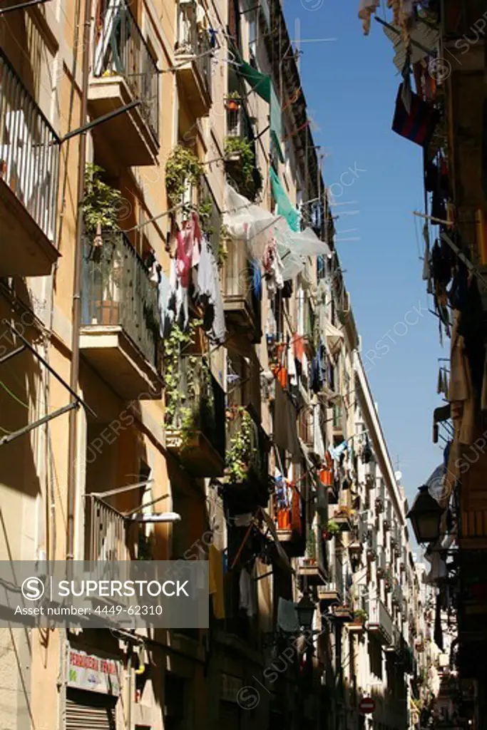 Facade of apartments, Carrer Riereta, Raval, Barcelona, Catalonia, Spain