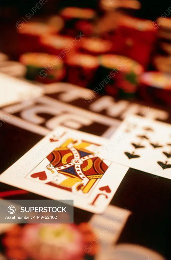 Cards on gambling table in Casino Planet Hollywood, Las Vegas, Nevada, USA, America