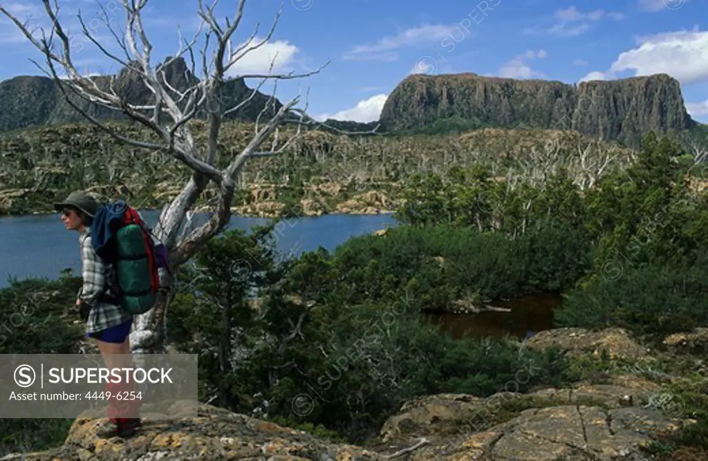 Female backpacker at Lake Elysia in the Labyrinth, Lake Elysia, Labyrinth, Mount Geryon, walls of the Acropolis, Overland Track, Cradle Mountain-Lake St Clair National Park, Tasmania, Australia