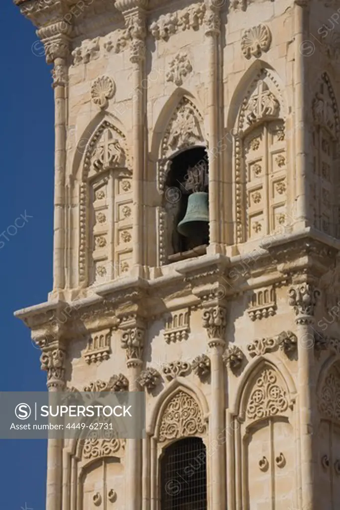 Facade of Agios Lazaros church with bell tower and bell, Cypriot Orthodox church in Larnaka, South Cyprus, Cyprus