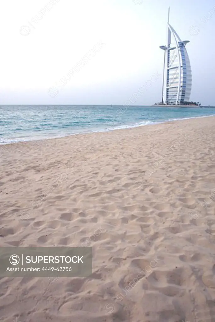 Abandoned Beach with view at Hotel Burj al Arab, Dubai, United Arab Emirates, UAE
