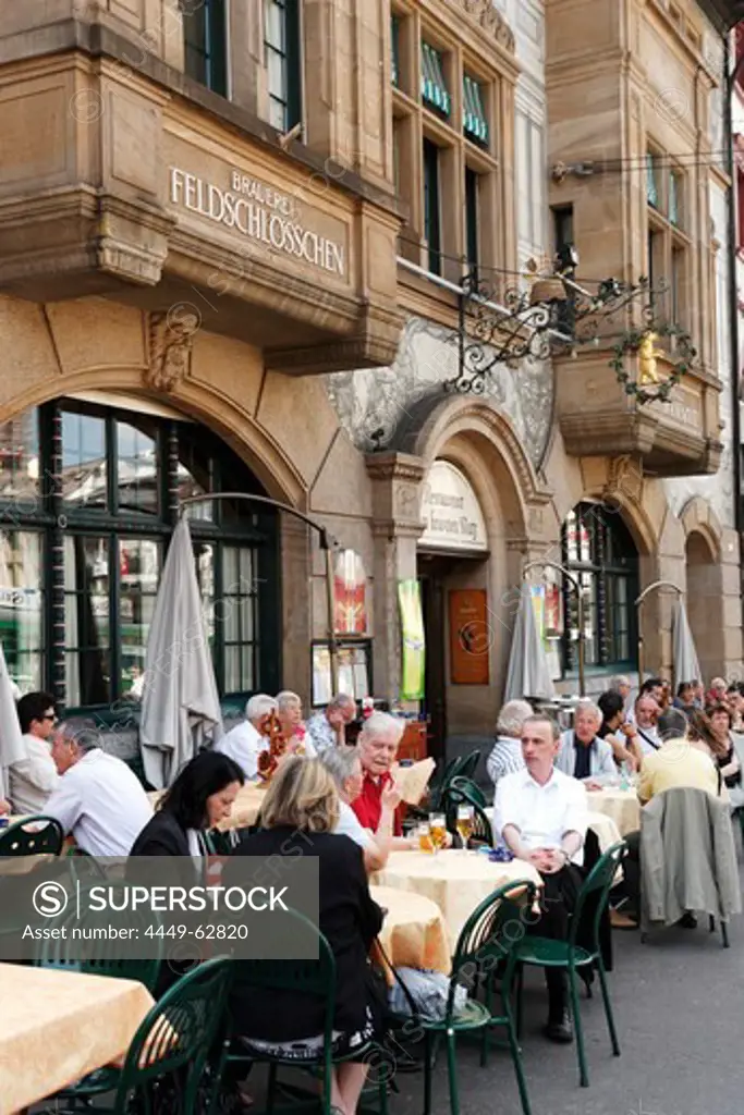 People sitting at tables outside a restaurant, Zum Braunen Mutz, Barfuesserplatz, Basel, Switzerland