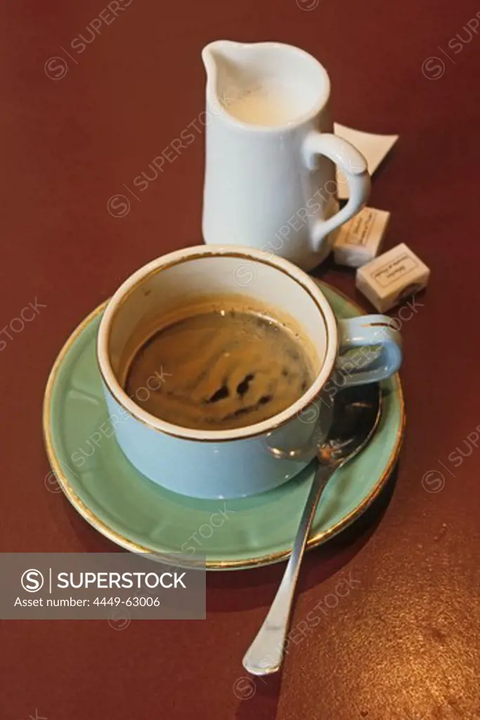 A cup of coffee and a jug of milk, Café au lait in a Cafe, Paris, France