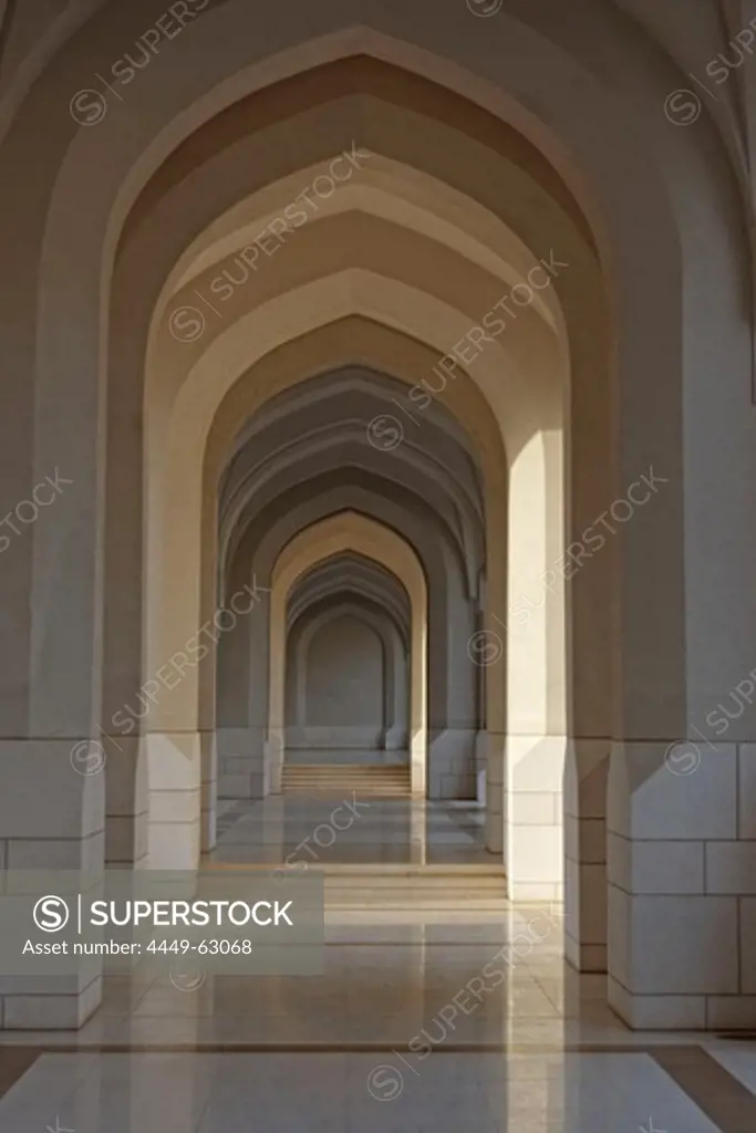 Oman Muscat Marble Corridor of arches in a Moschee in old city center
