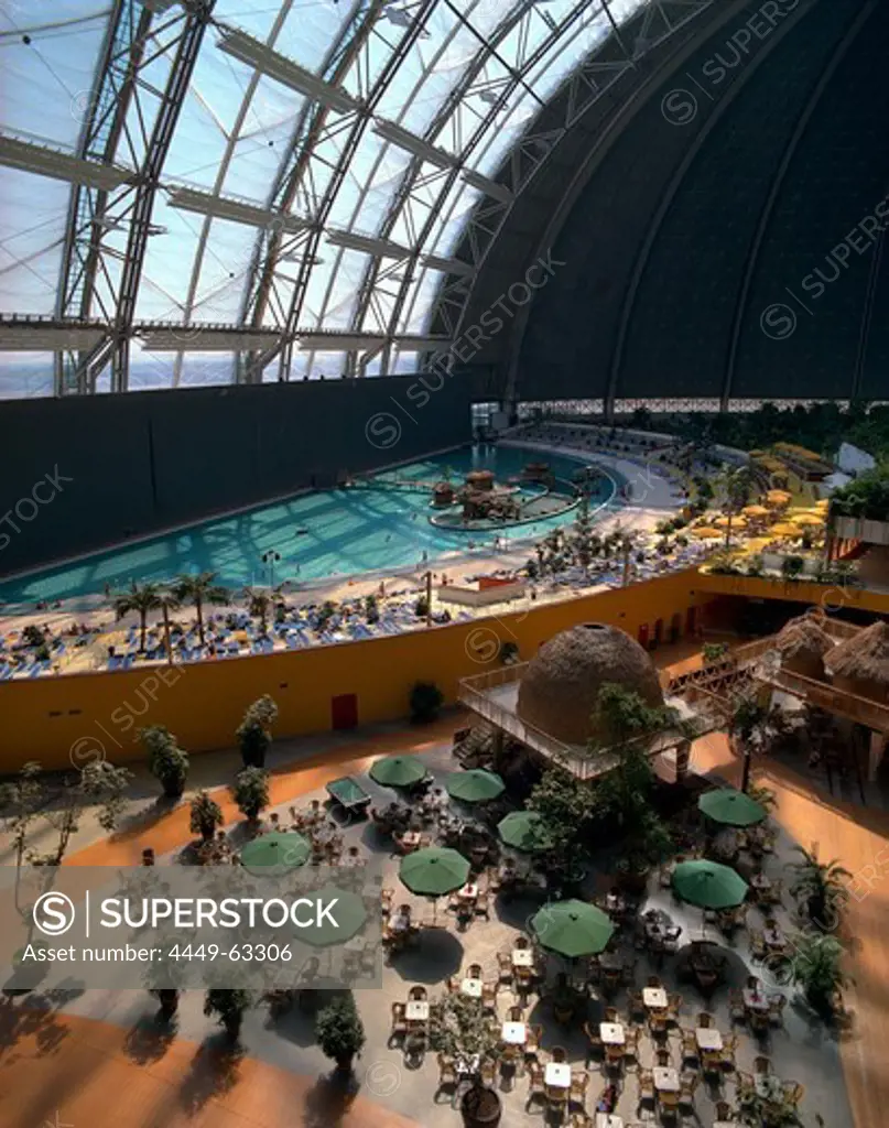 Pool with beach, Tropical Island Resort, artficial beach world, in former Cargolifter hall (Largest unsupported hall in the world: 360 x 210 x 107 m), in Krausnick, Lower Spreewald, Brandenburg, Germany