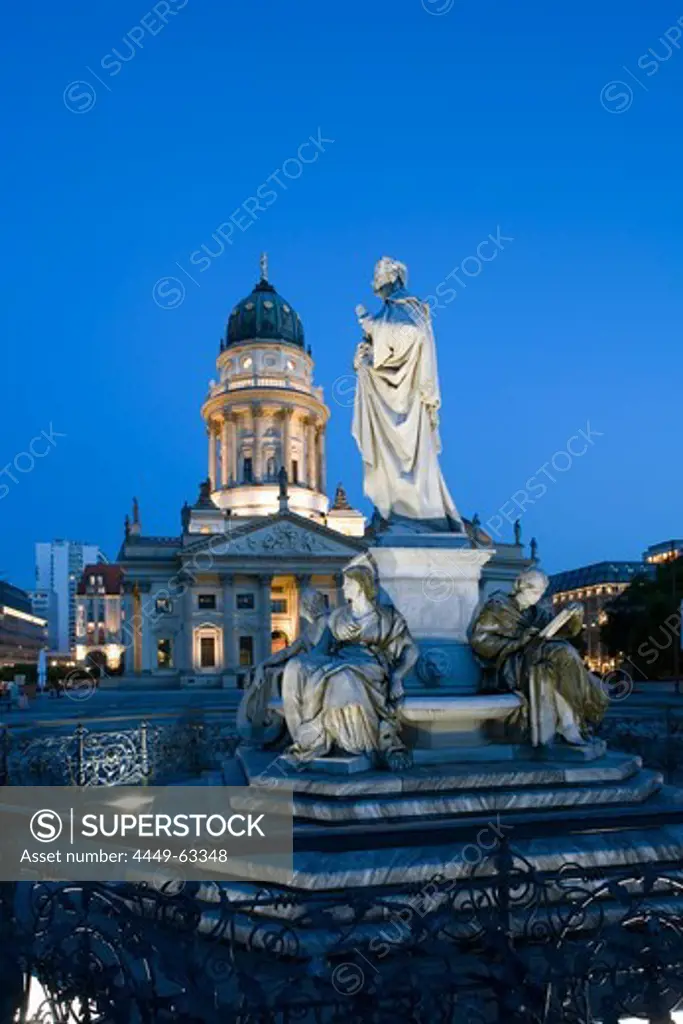 Deutscher Dom, German cathedral at Gendarmenmarkt, with Schiller Memorial, Statue of Friedrich von Schiller, Berlin, Germany, Europe