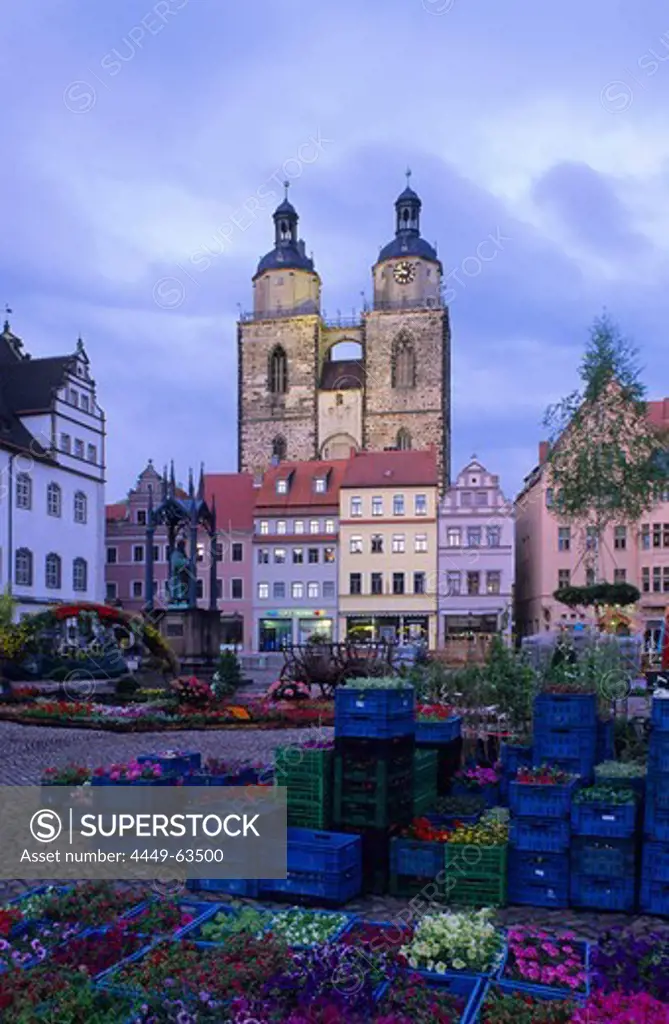 Europe, Germany, Saxony Anhalt, the memorial of Martin Luther on the market square in front of the town hall and Saint Mary's Church in Wittenberg