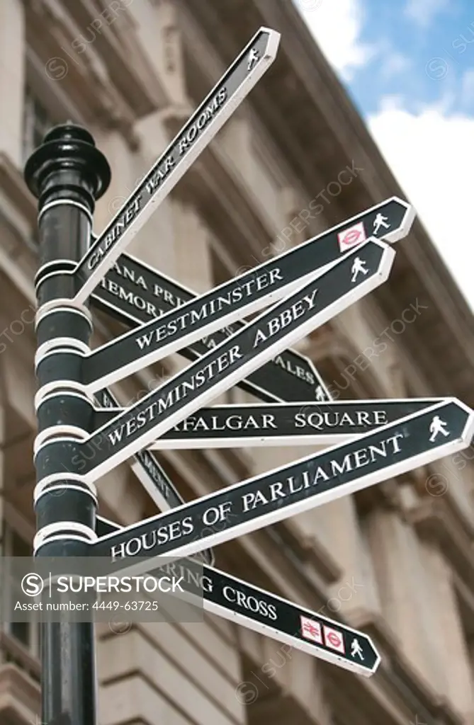 Directional signpost, Whitehall, London, England, Britain, United Kingdom