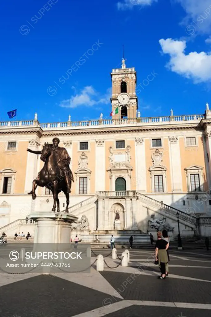 Capitoline Square with Equestrian Statue of Marcus Aurelius, Senatorial Palace in background, Rome, Italy