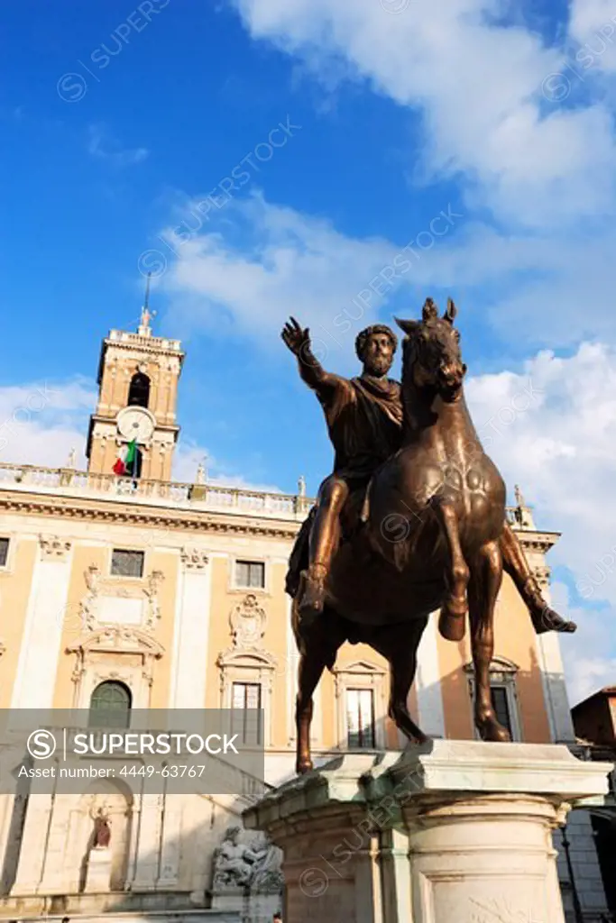 Equestrian Statue of Marcus Aurelius, Senatorial Palace in background, Rome, Italy