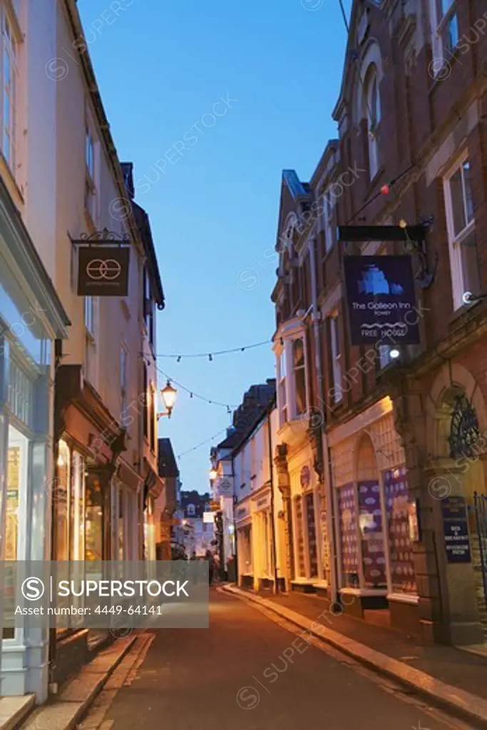 View along a street in the evening, Fowey, Cornwall, England, United Kingdom