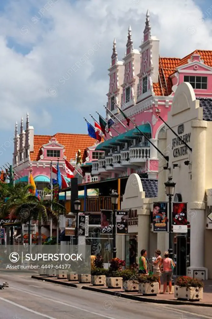 West Indies, Aruba, Oranjestadt, dutch style architecture at royal Plaza Shopping Mall