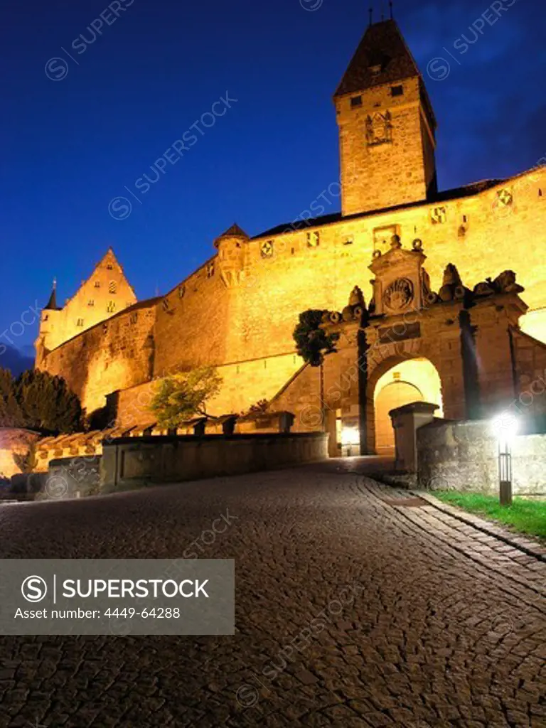The illuminated Coburg fortress at night, Coburg, Franconia, Bavaria, Germany