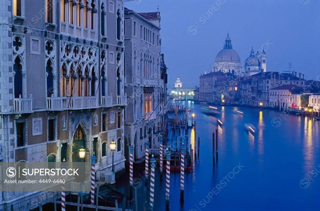 Canale Grande and the church Santa Maria della Salute in the evening, Venice, Italy, Europe
