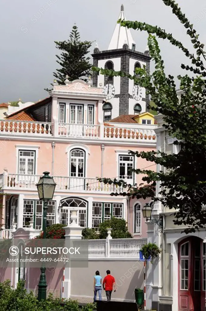 Praca da Republica with church, Horta, Faial Island, Azores, Portugal