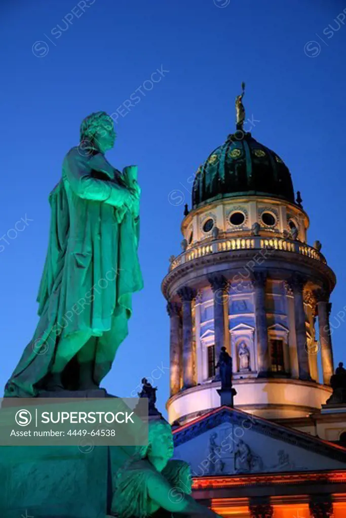 French Cathedral and Schiller statue at night, Gendarmenmarkt, Berlin, Germany