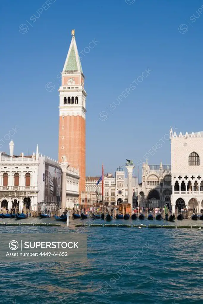 Gondolas in front of the Campanile Tower and Basilica San Marco, Venice, Veneto, Italy
