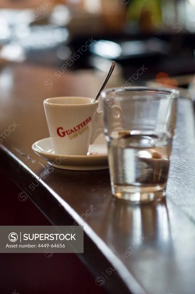 Espresso cup and glass of water in a cafe, Ingolstadt, Bavaria, Germany