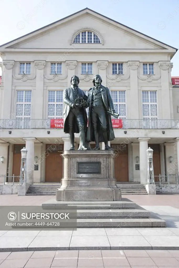 Goethe and Schiller memorial in front of the German National theater, Weimar, Thuringia, Germany