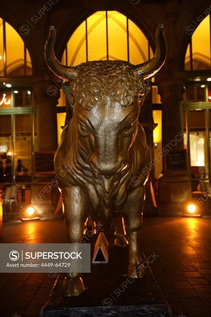 Bronze sculpture of a bull, cafe Siju, Erfurt, Thuringia, Germany
