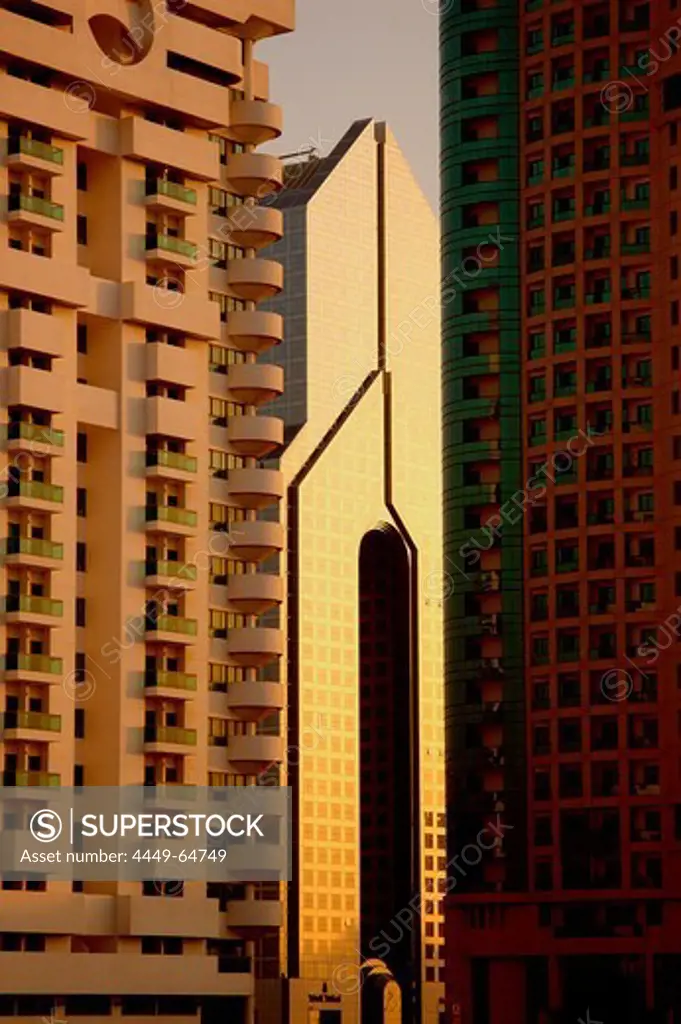 Modern high rise buildings in the evening light, Dubai, UAE, United Arab Emirates, Middle East, Asia