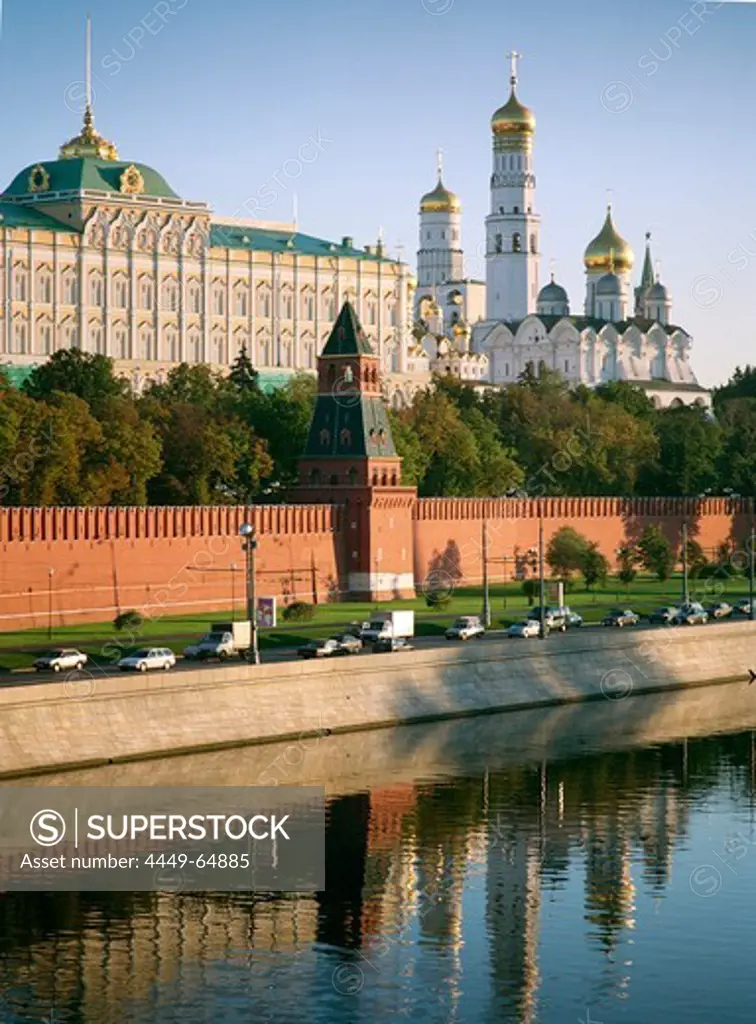 The Kremlin reflecting in Moskva River, Moscow, Russia