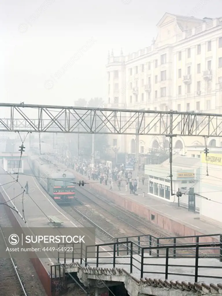 Belorussky railway station in the smog, Moscow, Russia