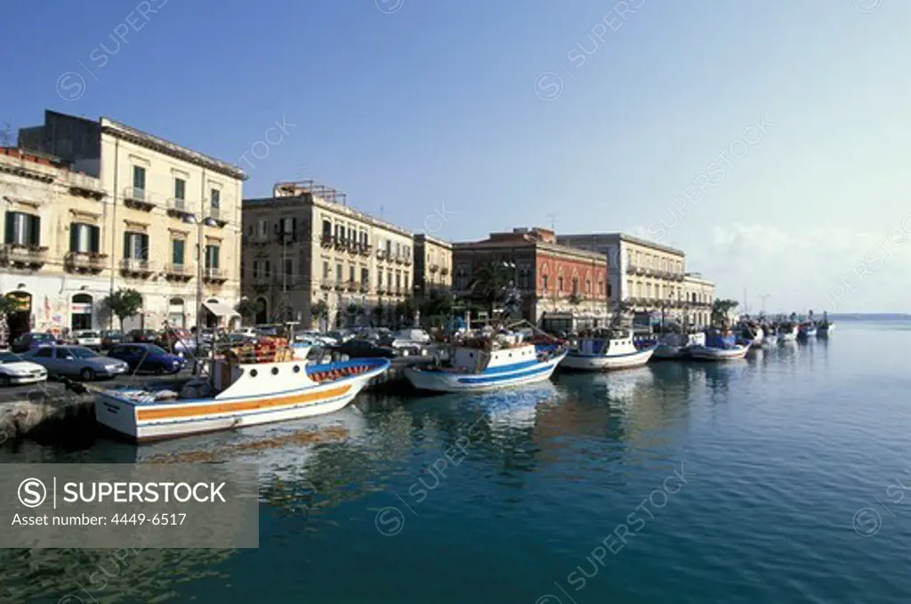Boats and city, Syracus, Ortigia, Sicily, Italy