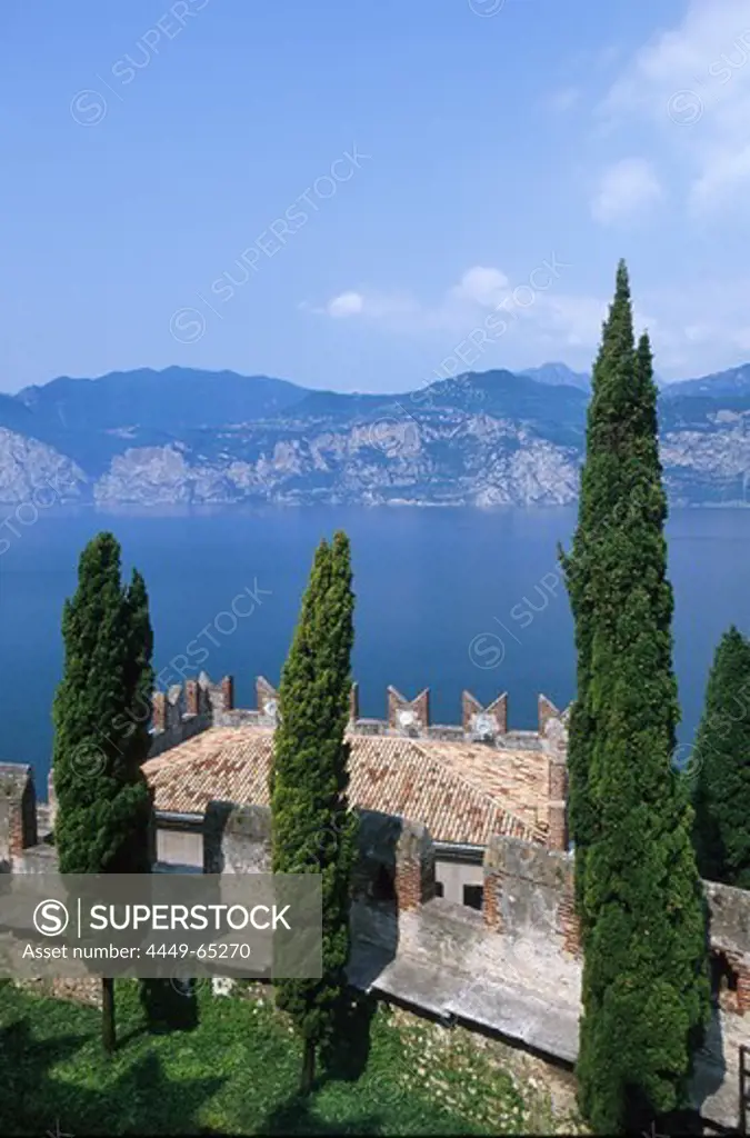 Malcesine, house with cypresses at lake Garda, Italy, Europe