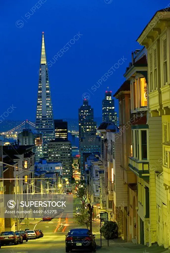 Illuminated buildings and streets in the evening, San Francisco, California, USA, America