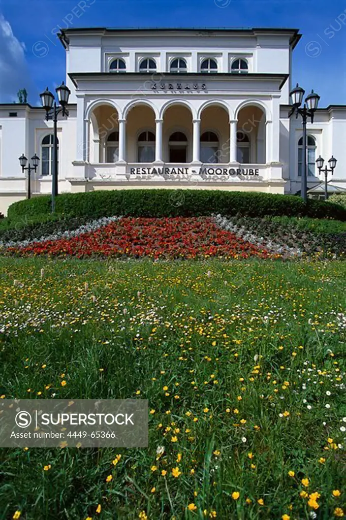 Flower meadow and flower bed in front of Spa hotel, Bad Schwalbach, Taunus, Hesse, Germany, Europe