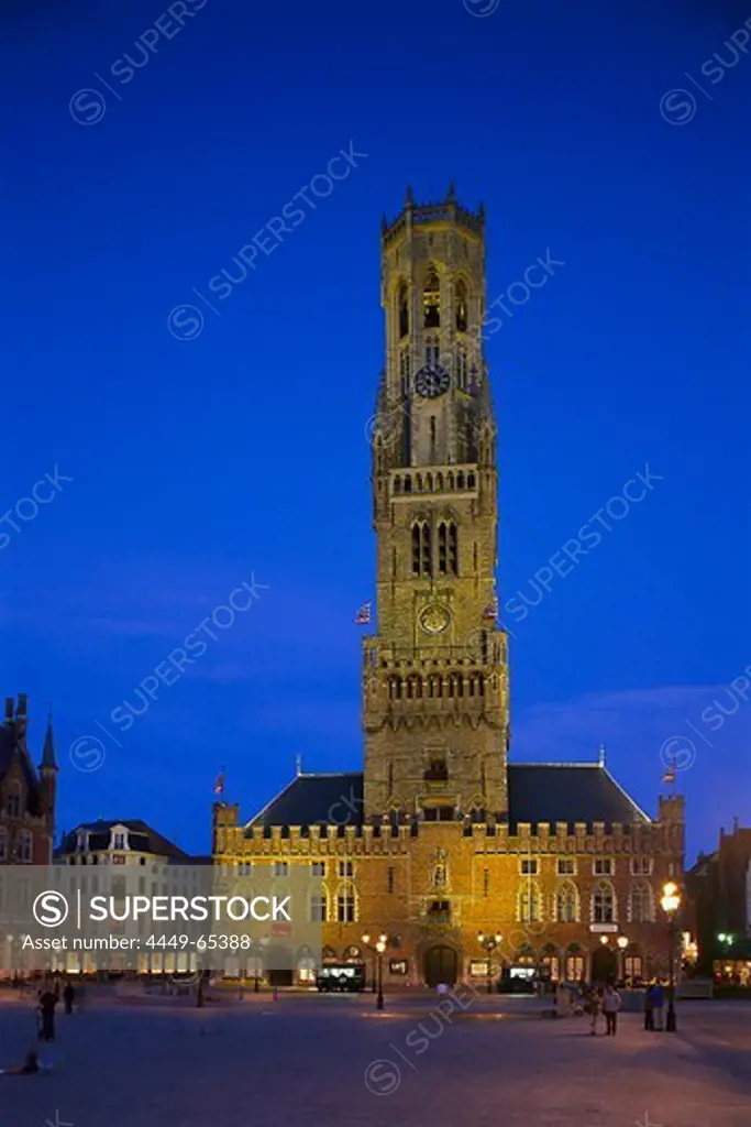 The illuminated tower Belfried at the market square at night, Bruges, Flanders, Belgium, Europe