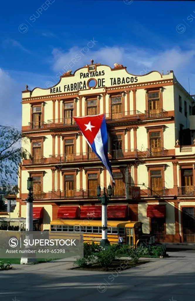 Flag in front of cigar factory Patargas, Havana, Cuba, Caribbean, America