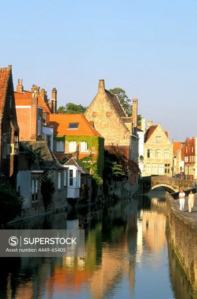 Residential houses at a canal, Bruges, Flanders, Belgium, Europe