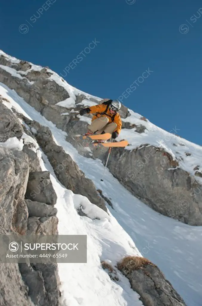 Skier during a jump, Lech, Austria, Europe