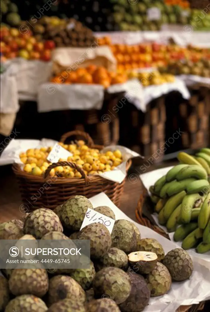 Market stand with fruits, Mercado dos Lavradores, Funchal, Madeira, Portugal